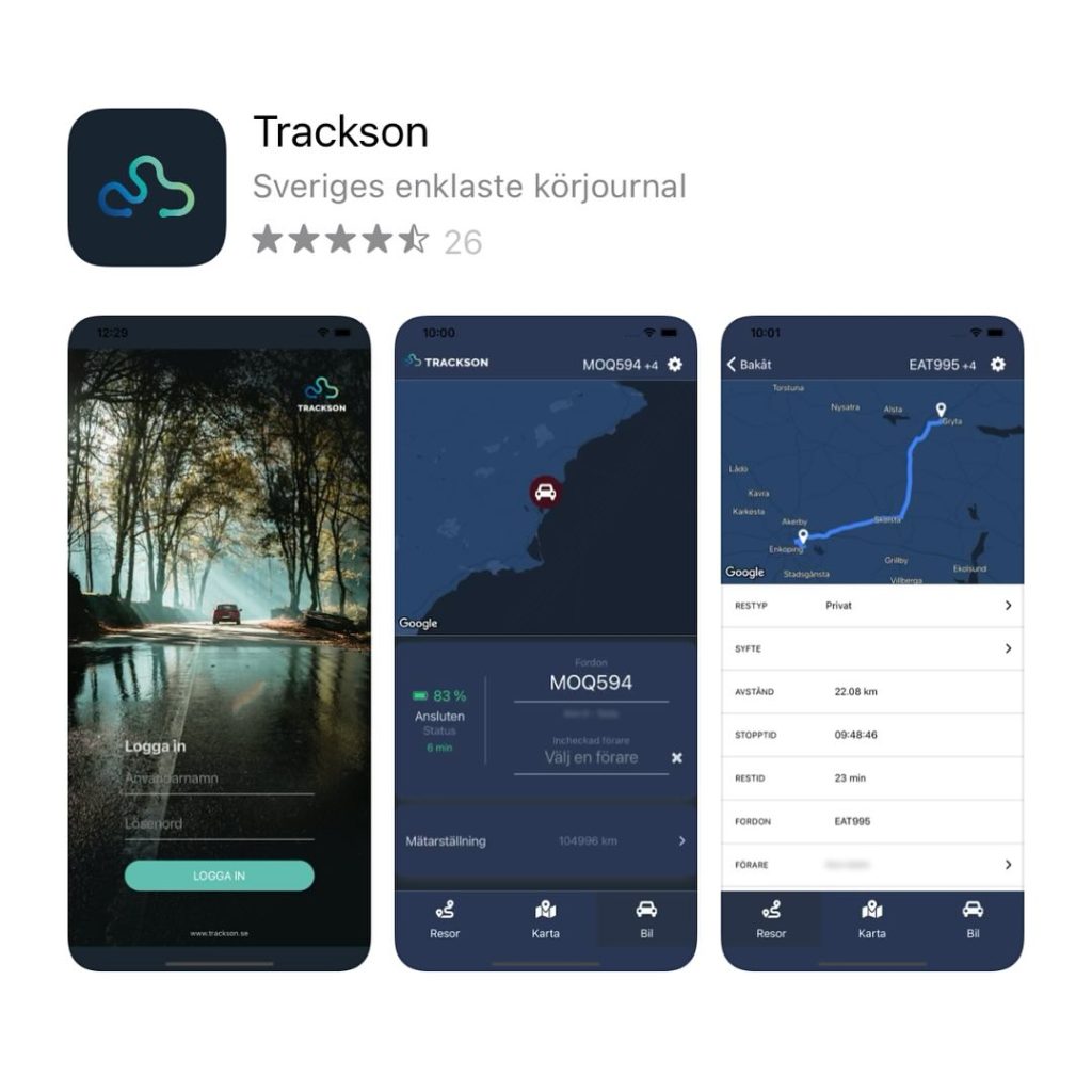 Bild av tre vyer i Trackson-appen.